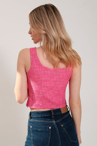 The model is wearing a fuchsia Tweed Square Neck Tank by Chloe Colette and Blue Jeans.
