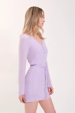 Kaitlyn wearing the Digital Purple Madison Mini Tunic Dress, size M