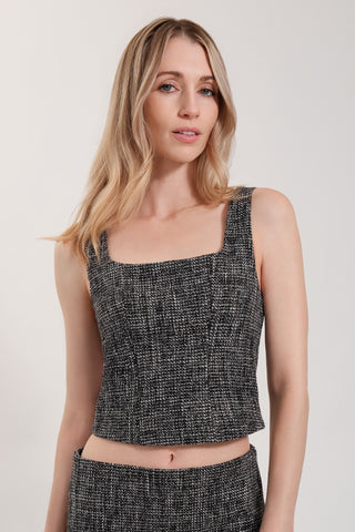 The model is wearing a black opal Tweed Square Neck Tank by Chloe Colette.
