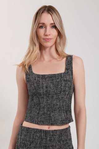 The model is wearing a black opal Tweed Square Neck Tank by Chloe Colette.
