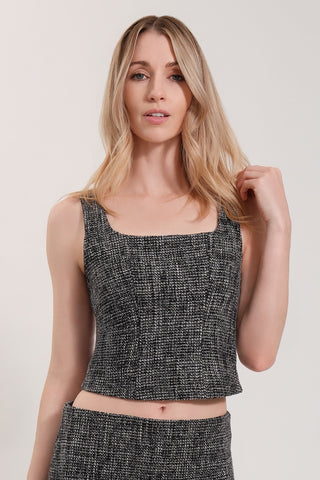 The model is wearing a black opal Tweed Square Neck Tank by Chloe Colette.