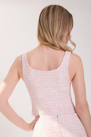 The model is wearing a pink rose Tweed Square Neck Tank by Chloe Colette.