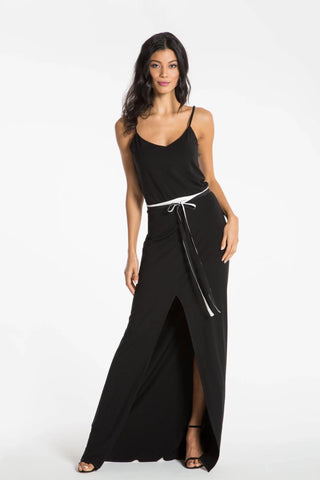 Model is wearing a black Alexa maxi dress by Chloe Colette.