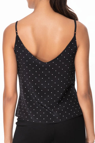 Model wearing a pindot silk strappy cami v-neck Jennifer by Chloe Colette.