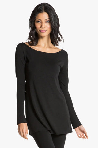 Model is wearing a black Marina boat neck tunic by Chloe Colette.