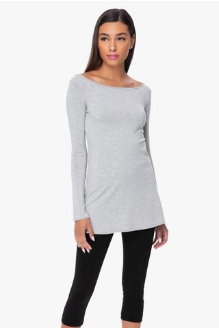 Model is wearing a heather grey Marina boat neck tunic by Chloe Colette.