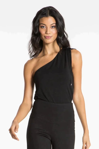 Model is wearing a black Julie on shoulder top by Chloe Colette.