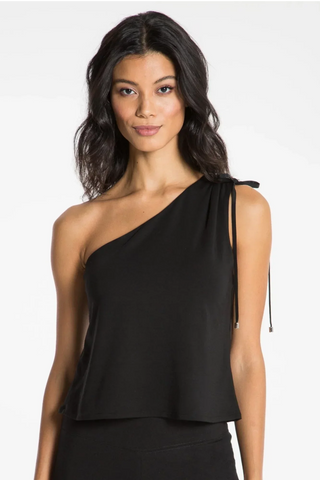 Model is wearing a black Julie on shoulder top by Chloe Colette.