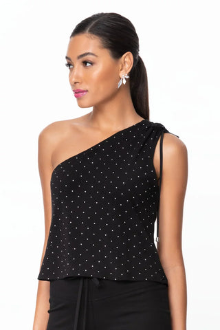 Model is wearing a pindot Julie on shoulder top by Chloe Colette.