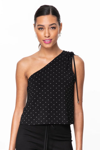 Model is wearing a pindot Julie on shoulder top by Chloe Colette.