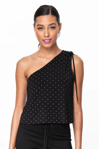Model is wearing a pindot Julie on shoulder top by Chloe Colette.