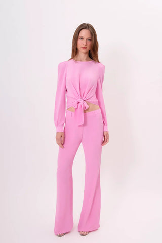 Tori wearing the West Palm Silk Pant (Pink Pearl), size XS