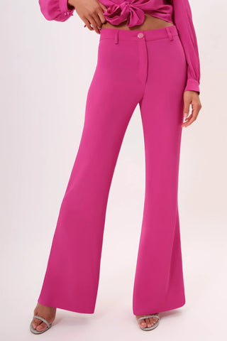 Close-up of West Palm Pant Fabric, Button, and Belt Loop Detail in Fuchsia
