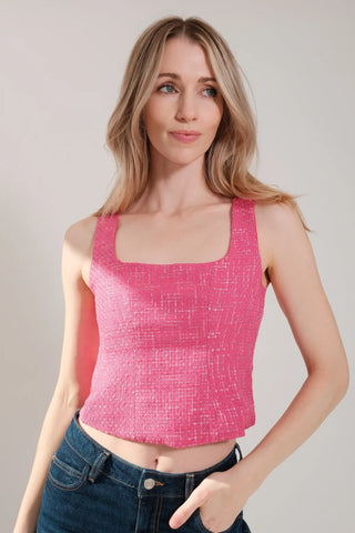 Collection for tweed tanks by Chloe Colette. Model is wearing a tweed tank in fuchsia