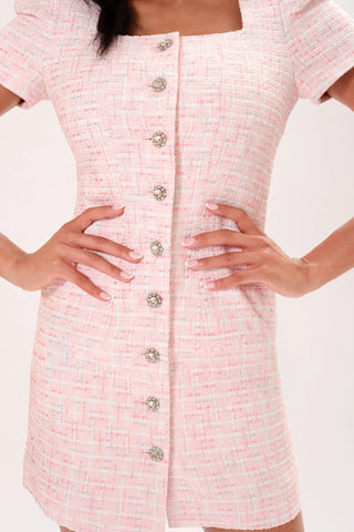 Front side close up of model wearing a pink rose Amelie Tweed Dress by Chloe Colette.