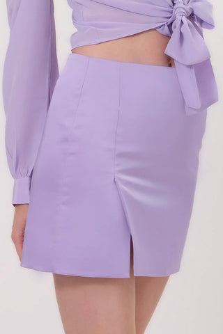 The model is wearing a light lavennder satin Jenny Mini Skirt by Chloe Colette showing close up front side.