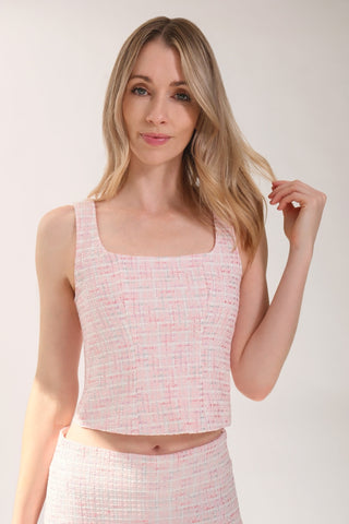 The model is wearing a pink rose Tweed Square Neck Tank by Chloe Colette.