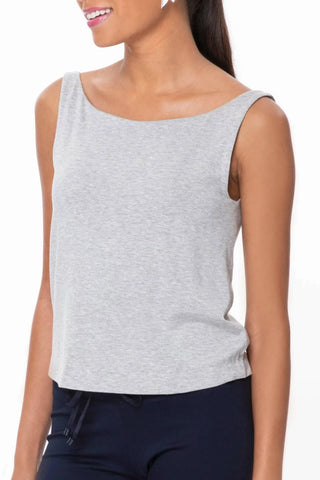 Model is wearing a heather grey boat neck tank top Cecilia by Chloe Colette