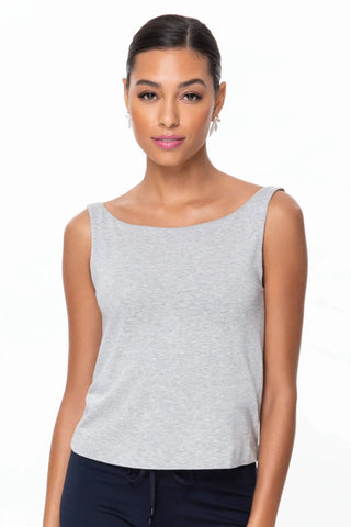 Model is wearing a heather grey boat neck tank top Cecilia by Chloe Colette