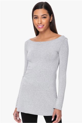 Model is wearing a heather grey Marina boat neck tunic by Chloe Colette.