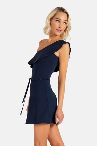 Model is wearing a navy Paris one shoulder dress by Chloe Colette.