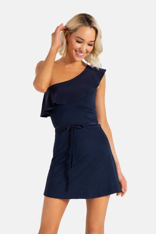 Model is wearing a navy Paris one shoulder dress by Chloe Colette.